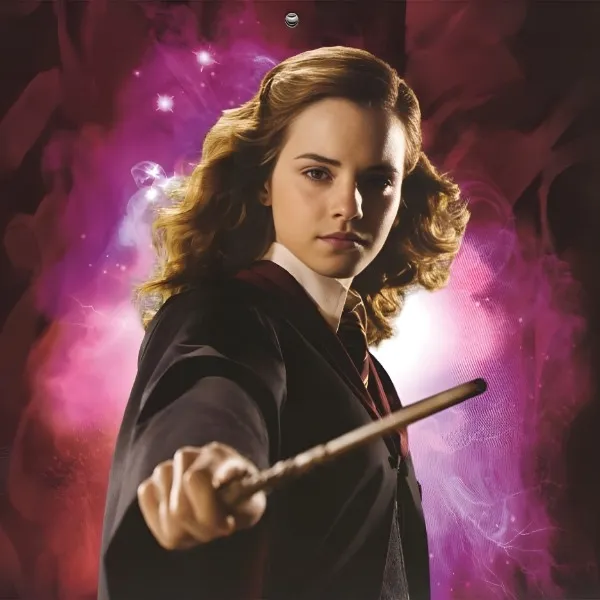 Hermione Granger en tenue d'écolière de Poudlard, pointant sa baguette magique vers l'avant sur un fond mystique rose et violet avec des effets d'étincelles.