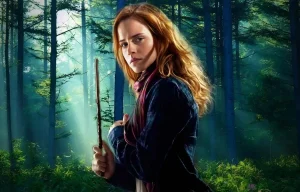 Portrait d'Hermione Granger tenant sa baguette magique dans une forêt dense et mystérieuse avec des rayons de lumière à travers les arbres.