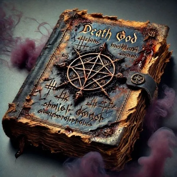 Grimoire ancien titré "Death God" avec une couverture en cuir usé, orné d'un pentagramme métallique et entouré d'une fumée mystique violette.