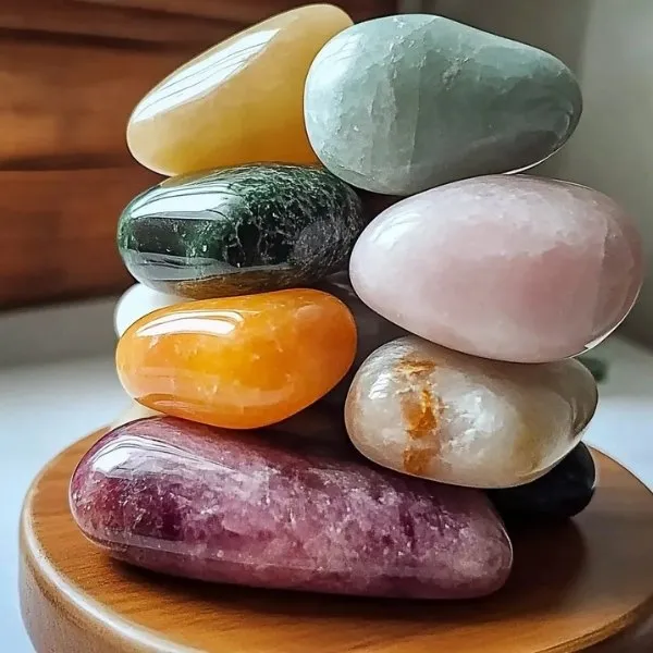 Empilement équilibré de pierres roulées multicolores (améthyste, quartz rose, aventurine, jade) sur un support en bois.
