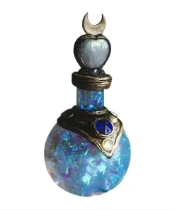Fiole de potion magique décorative bleue avec cristaux et bouchon orné d'un croissant de lune, style fantastique et mystique, 15 cm.