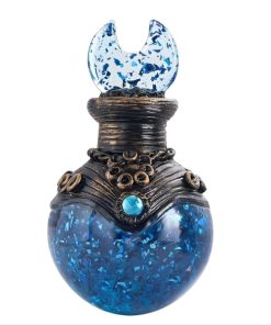 Fiole de potion magique bleue scintillante avec bouchon en forme de croissant de lune et ornements dorés, style jeu de rôle fantasy.