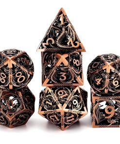 Set de 7 dés polyédriques métal dragon creux cuivre D&D.