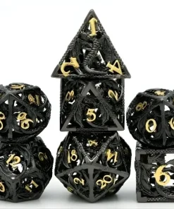 Set de 7 dés polyédriques métal dragon creux noir et or D&D.