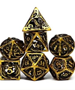 Set de 7 dés polyédriques métal dragon creux et or D&D.