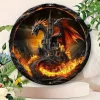 Tableau circulaire dragon fantastique et château fort en bois, effet 3D.