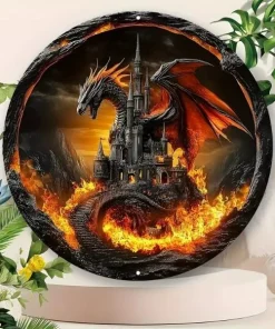 Tableau circulaire dragon fantastique et château fort en bois, effet 3D.