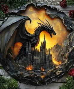 Alternative view of Décoration murale dragon ancestral en bois 2D  médaillon "Le Dragon du Château" – 20 cm