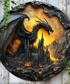 Tableau circulaire dragon fantastique et château fort en bois, effet 3D.
