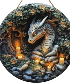 Alternative view of Disque décoratif dragon en bois 2D fantastique