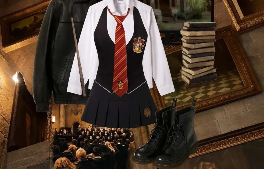 Ensemble de mode inspiré de Gryffondor comprenant un uniforme scolaire avec jupe plissée, cravate rouge et or, veste en cuir noir, bottines de combat et une baguette magique sur fond de château de Poudlard.