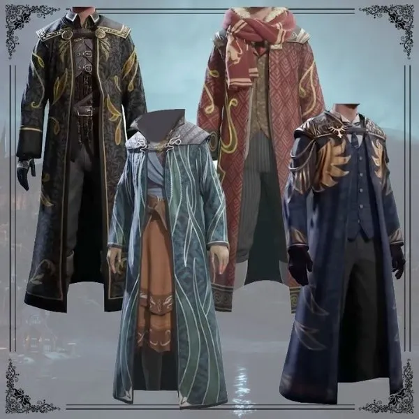 Ensemble de quatre tenues de sorciers stylisées inspirées de l'univers de Hogwarts Legacy, présentant des robes longues ornées de broderies dorées et de motifs magiques dans les tons noir, rouge, vert et bleu.