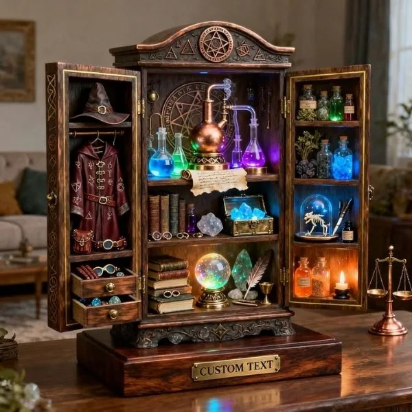 Vitrine miniature de sorcier en bois sculpté avec éclairage LED, incluant des fioles de potions colorées, un grimoire, une boule de cristal lumineuse et une robe de mage suspendue sur un bureau.