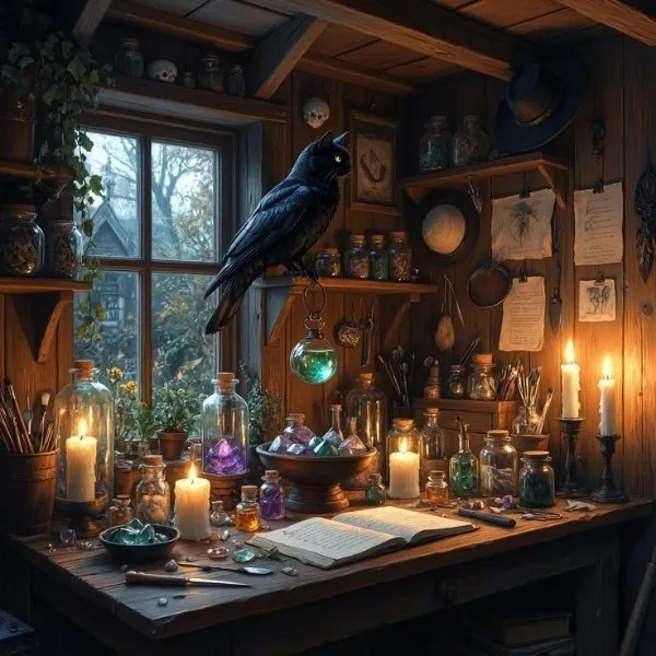 Bureau d'une sorcière dans un atelier en bois avec un corbeau noir, des bougies allumées, des cristaux colorés et des fioles de potions magiques.