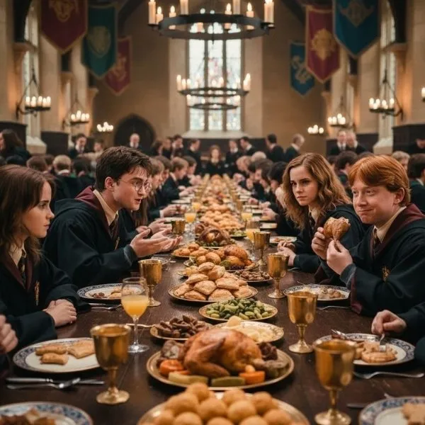 Banquet magique dans la Grande Salle de Poudlard avec des étudiants en uniforme dégustant un festin traditionnel sous des bannières médiévales