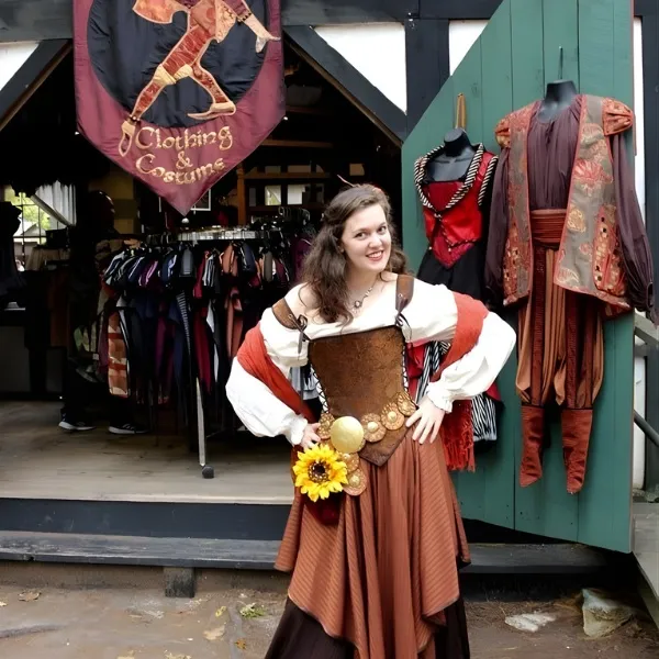 Une femme souriante portant un costume de style Renaissance avec un corset marron, une chemise blanche à manches bouffantes et un tournesol à la ceinture, posant devant une boutique de vêtements médiévauxUne femme souriante portant un costume de style Renaissance avec un corset marron, une chemise blanche à manches bouffantes et un tournesol à la ceinture, posant devant une boutique de vêtements médiévaux