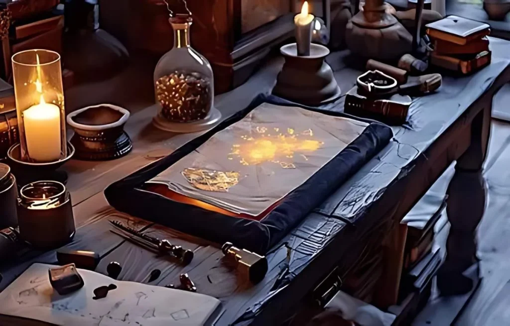 Bureau d'alchimiste médiéval avec parchemin éclairé à la bougie, plumes d'oie, flacons de potions et vieux grimoires dans une ambiance mystérieuse.