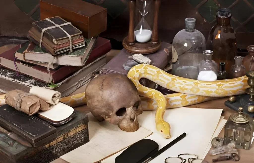Nature morte mystérieuse sur un bureau d'alchimiste avec un crâne humain, un serpent jaune, des vieux grimoires reliés, un sablier et des fioles en verre aux studios Warner Bros.