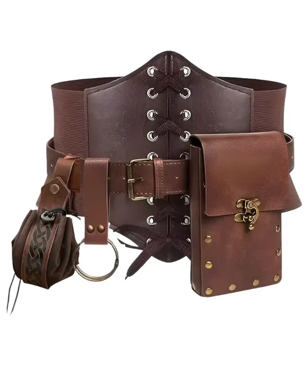 Ceinture corset large en similicuir marron de style médiéval et steampunk, équipée d'une boucle vintage, d'une pochette rectangulaire rivetée, d'une bourse à cordon et d'un anneau porte-accessoires.