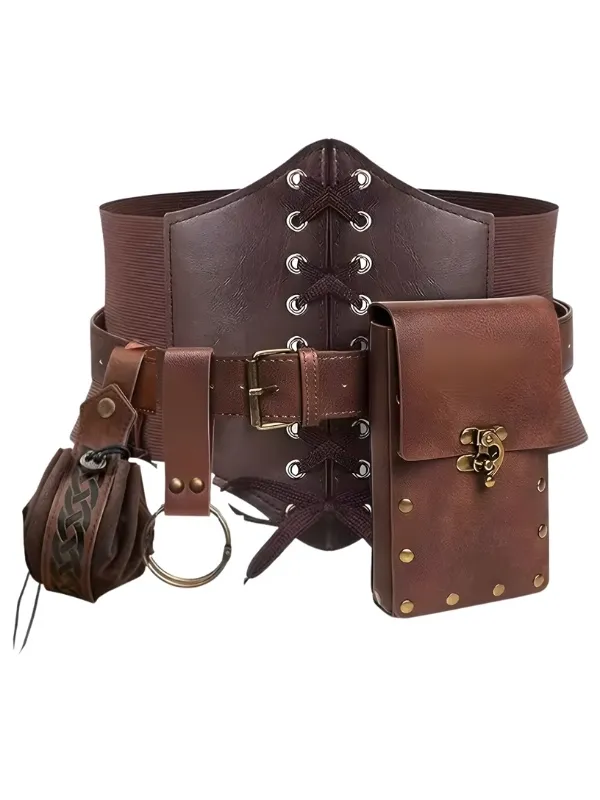 Ceinture corset large en similicuir marron de style médiéval et steampunk, équipée d'une boucle vintage, d'une pochette rectangulaire rivetée, d'une bourse à cordon et d'un anneau porte-accessoires.