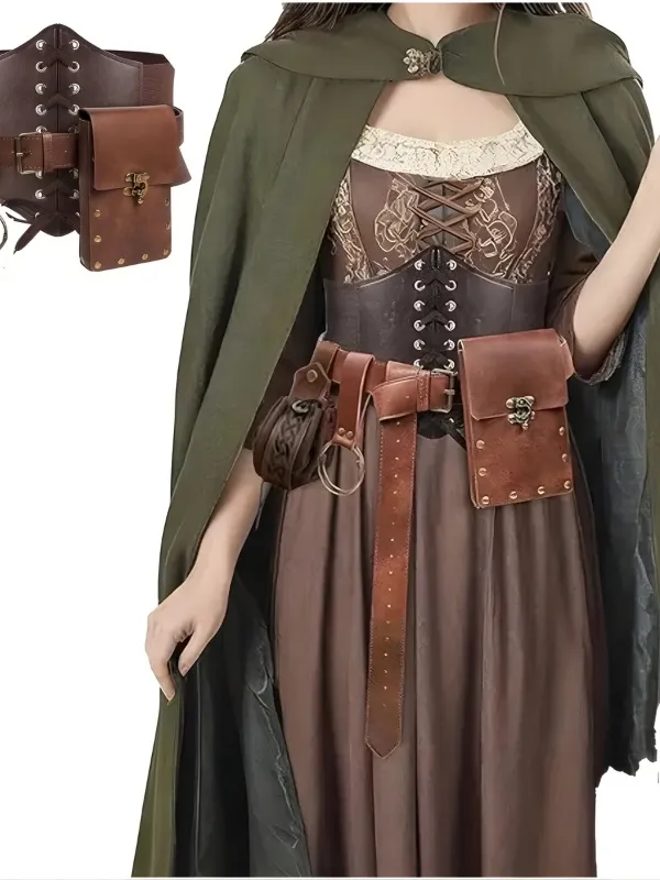 Alternative view of Ceinture corset médiévale en similicuir marron avec sacoche et bourse