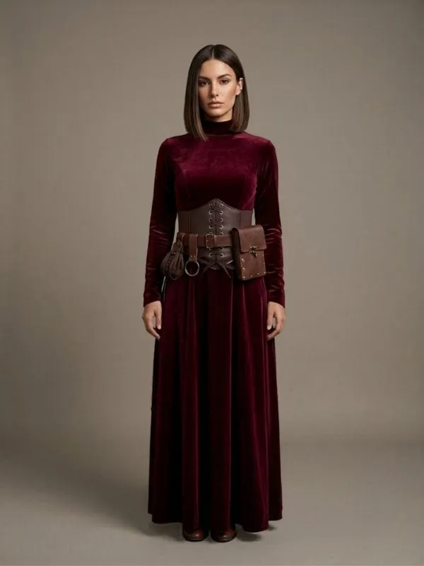 Ceinture corset médiévale en similicuir marron avec sacoche et bourse – Image 2