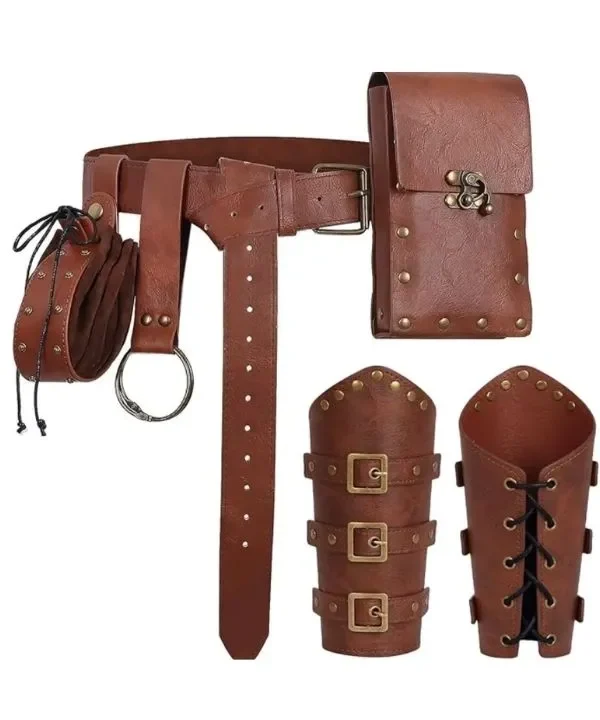 Ensemble médiéval cuir marron: ceinture, sacoche, aumonière, brassards ajustables pour aventurier.