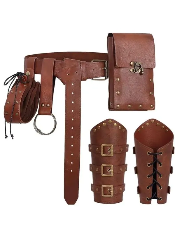 Ensemble médiéval cuir marron: ceinture, sacoche, aumonière, brassards ajustables pour aventurier.