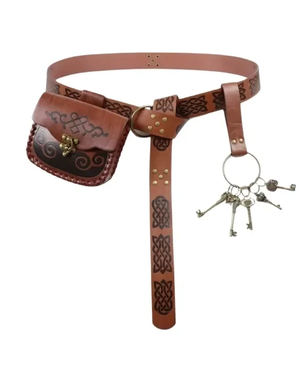 Ceinture médiévale en simili cuir marron avec bourse sacoche, porte-clés et motifs celtiques pour cosplay.