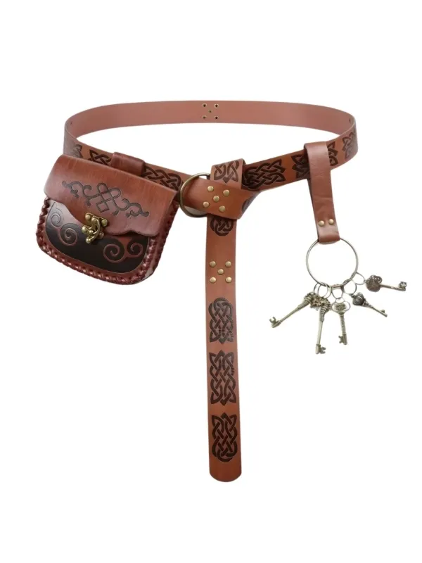 Ceinture médiévale en simili cuir marron avec bourse sacoche, porte-clés et motifs celtiques pour cosplay.