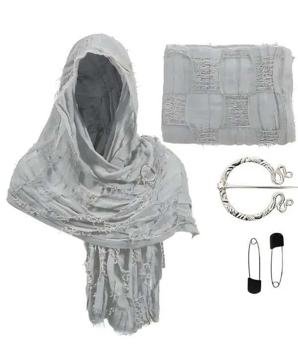 Châle à capuche gris vieilli coton-lin avec broche Viking argentée, parfait pour cosplay et GN.