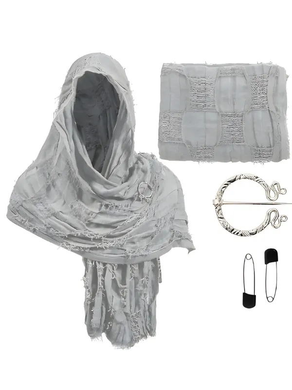 Châle à capuche gris vieilli coton-lin avec broche Viking argentée, parfait pour cosplay et GN.