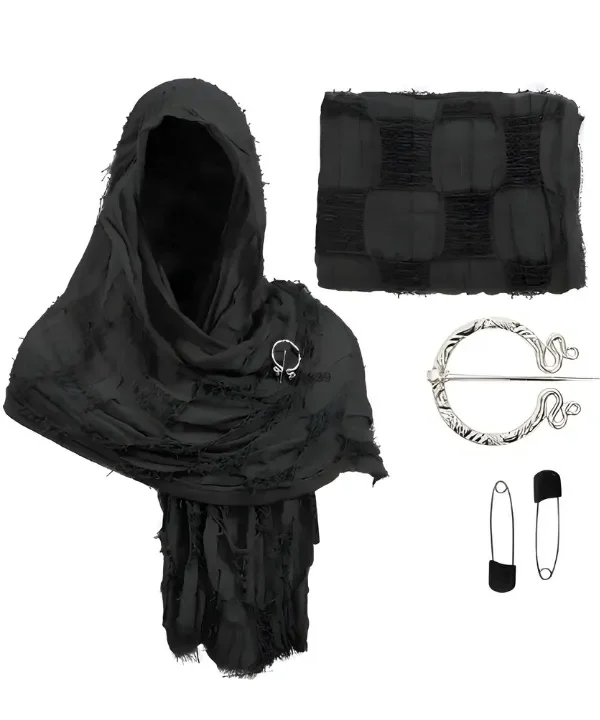 Châle à capuche magicien coton-lin noir avec broche argentée, parfait pour cosplay et GN.