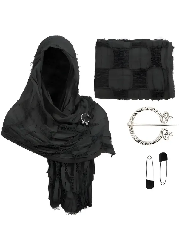 Châle à capuche magicien coton-lin noir avec broche argentée, parfait pour cosplay et GN.