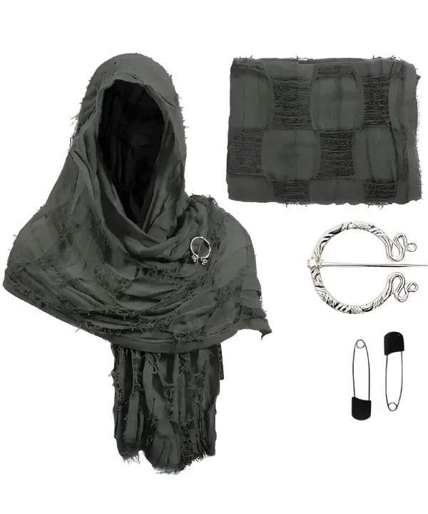 Châle à capuche coton-lin vert avec broche fibule argentée, parfait pour cosplay et GN.