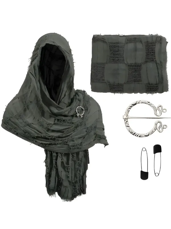 Châle à capuche coton-lin vert avec broche fibule argentée, parfait pour cosplay et GN.