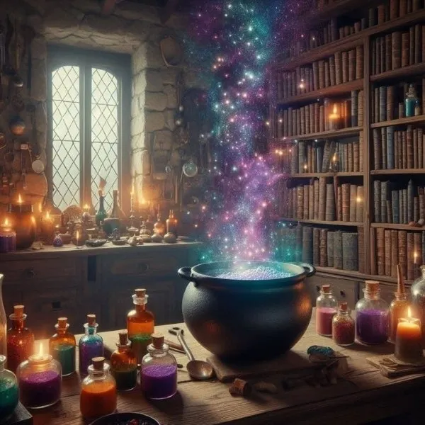 Chaudron bouillonnant libérant une fumée étoilée scintillante dans un laboratoire d'alchimie médiéval avec étagères de livres anciens et fioles colorées.