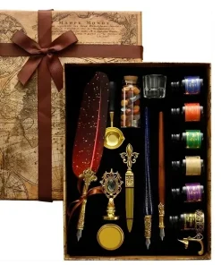 Coffret calligraphie vintage plumes, sceau cire dragon laiton, encres Mappe Monde.