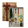 Coffret calligraphie vintage 5 plumes, sceau cire dragon laiton, encres Mappe Monde.
