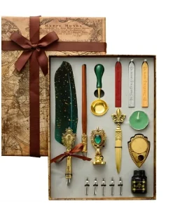 Coffret calligraphie vintage 5 plumes, sceau cire dragon laiton, encres Mappe Monde.