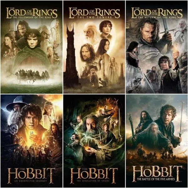 Affiche promotionnelle regroupant les six films de la saga fantastique de Peter Jackson : la trilogie Le Seigneur des Anneaux et la trilogie Le Hobbit.