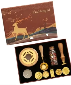 Coffret de luxe pour sceau à la cire sur le thème "Élan Nature", comprenant un réchaud marron et naturel, une cuillère à fondre, un flacon de perles de cire multicolores, une bougie chauffe-plat et cinq têtes de tampons gravées.