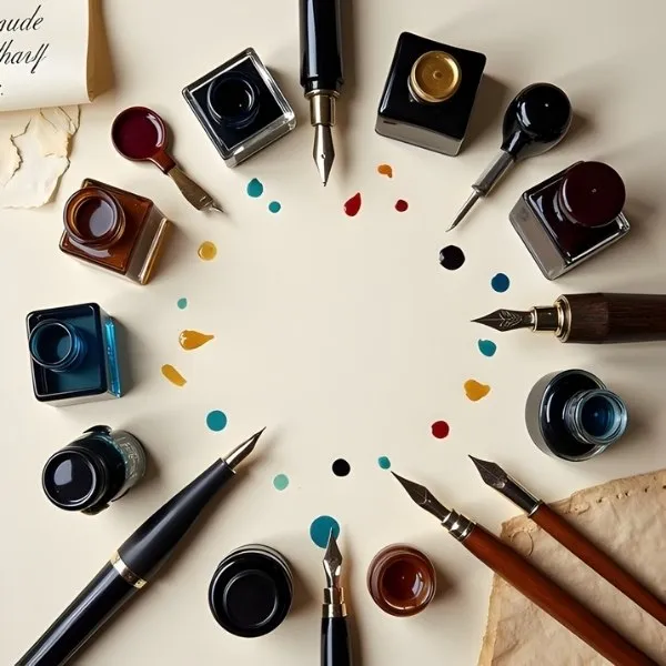 Composition circulaire de flacons d'encre colorés et de stylos-plume avec des taches d'encre multicolores sur un papier beige clair, vue de dessus.