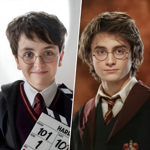 Montage photo montrant un jeune enfant déguisé en Harry Potter avec un clap de cinéma à gauche, et l'acteur Daniel Radcliffe dans le rôle original à droite.