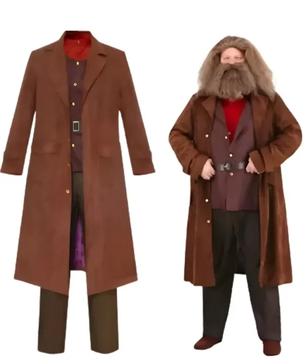 Costume complet Rubeus Hagrid, manteau marron suédé, gilet, chemise rouge et pantalon.