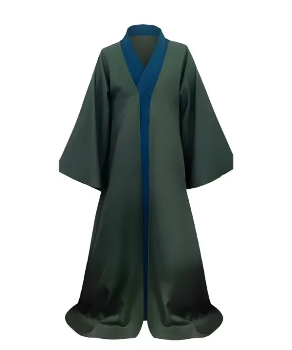 Costume de professeur de magie vert Voldemort, tunique bleue, manches évasées amples.