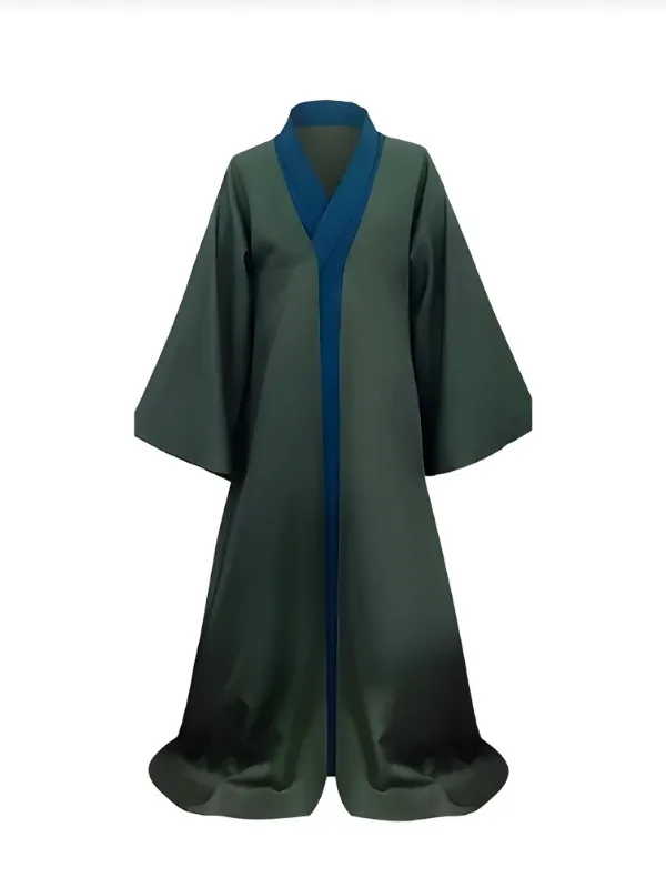 Costume de professeur de magie vert Voldemort, tunique bleue, manches évasées amples.