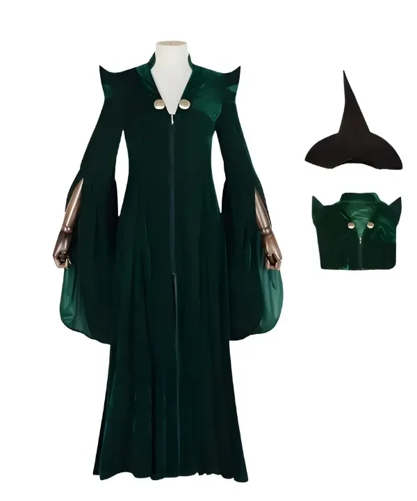Costume de sorcière prestige en velours vert émeraude avec chapeau pointu noir