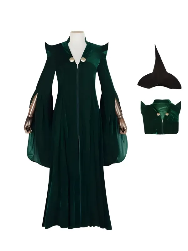 Costume de sorcière prestige en velours vert émeraude avec chapeau pointu noir