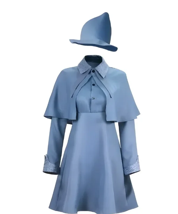 Ensemble de déguisement Fleur Isabelle Delacour pour fille comprenant une robe bleue satinée, une petite cape d'écolière de magie et un chapeau de sorcière pointu assorti.